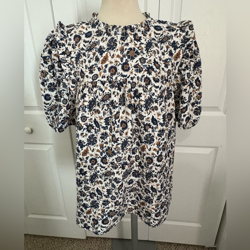 LOFT Floral Print Blouse in Navy and Tan